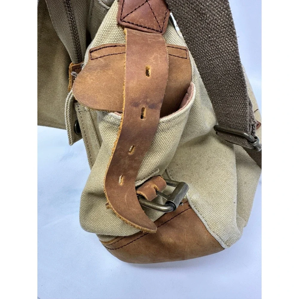 Sechunk Vintage Canvas Messenger Bag Leather Trim Khaki Satchel Laptop Bag Stain